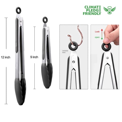 Hotec Tongs, Stainless Steel Kitchen Tongs, Silicone Tongs for BBQs and Grills, Heat-Resistant, Antibacterial, Lockable Storage, Set of 2 (Black), 23c