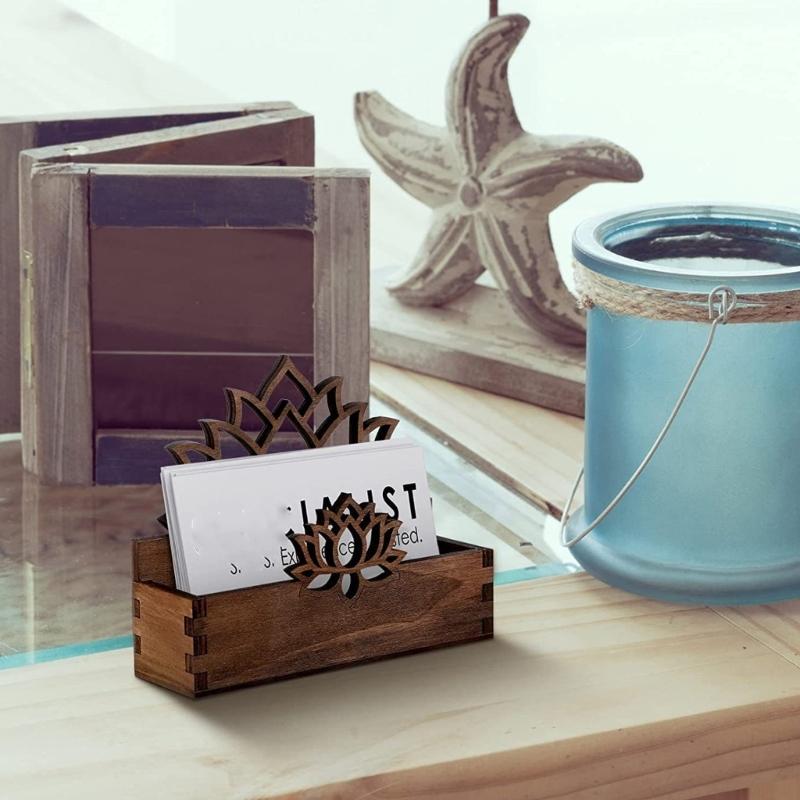 Hollowed Flower Wood Name Card Organiser Desk Business Card Storage Case For Corporate Meetings Office Desk Management