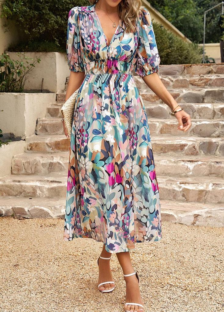 Spot Spring and Autumn New Women's Fashion V-Neck Long Sleeve Bohemian Print Dress