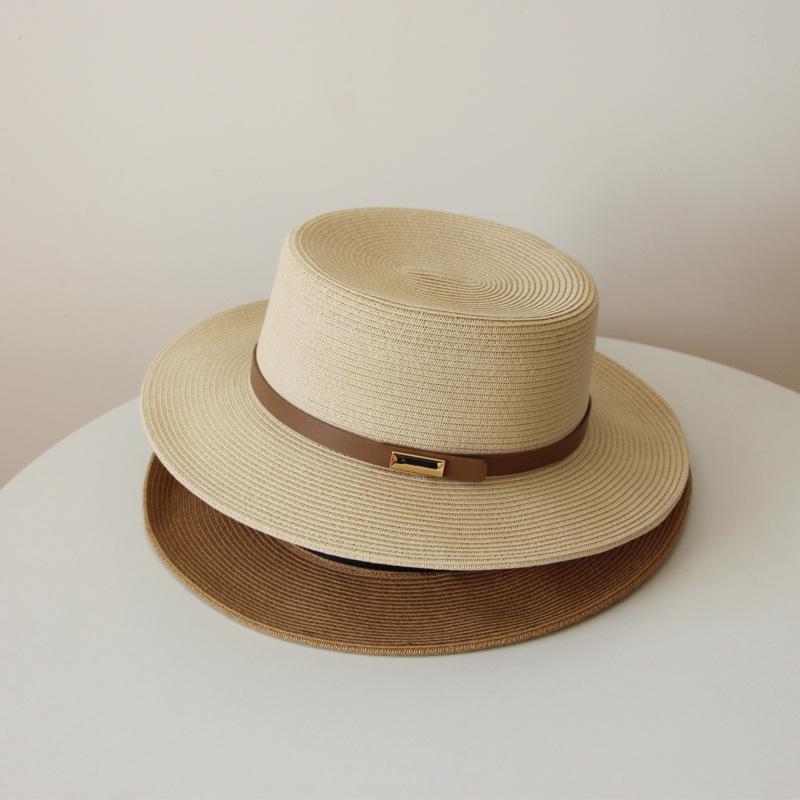 Panama Straw Hat Women's Summer Seaside Sunshade Sun Protection Beach Hat Belt Big Brim Flat Top Straw Top Hat Jazz Hat