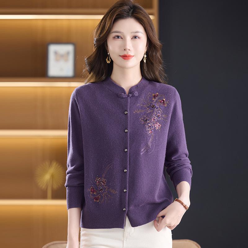 Mom's Stylish Chinese-Style Wool Cardigan for Middle-Aged Women