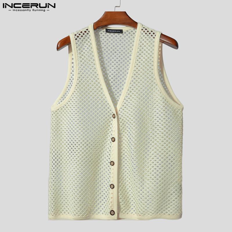 INCERUN Men V Neck Sleeveless Buttons Up Hollow Beach Tank Tops