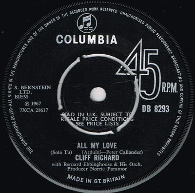 7inch Record CLIFF RICHARD - All My Love DB8293 Columbia 1967 UK Pop Used