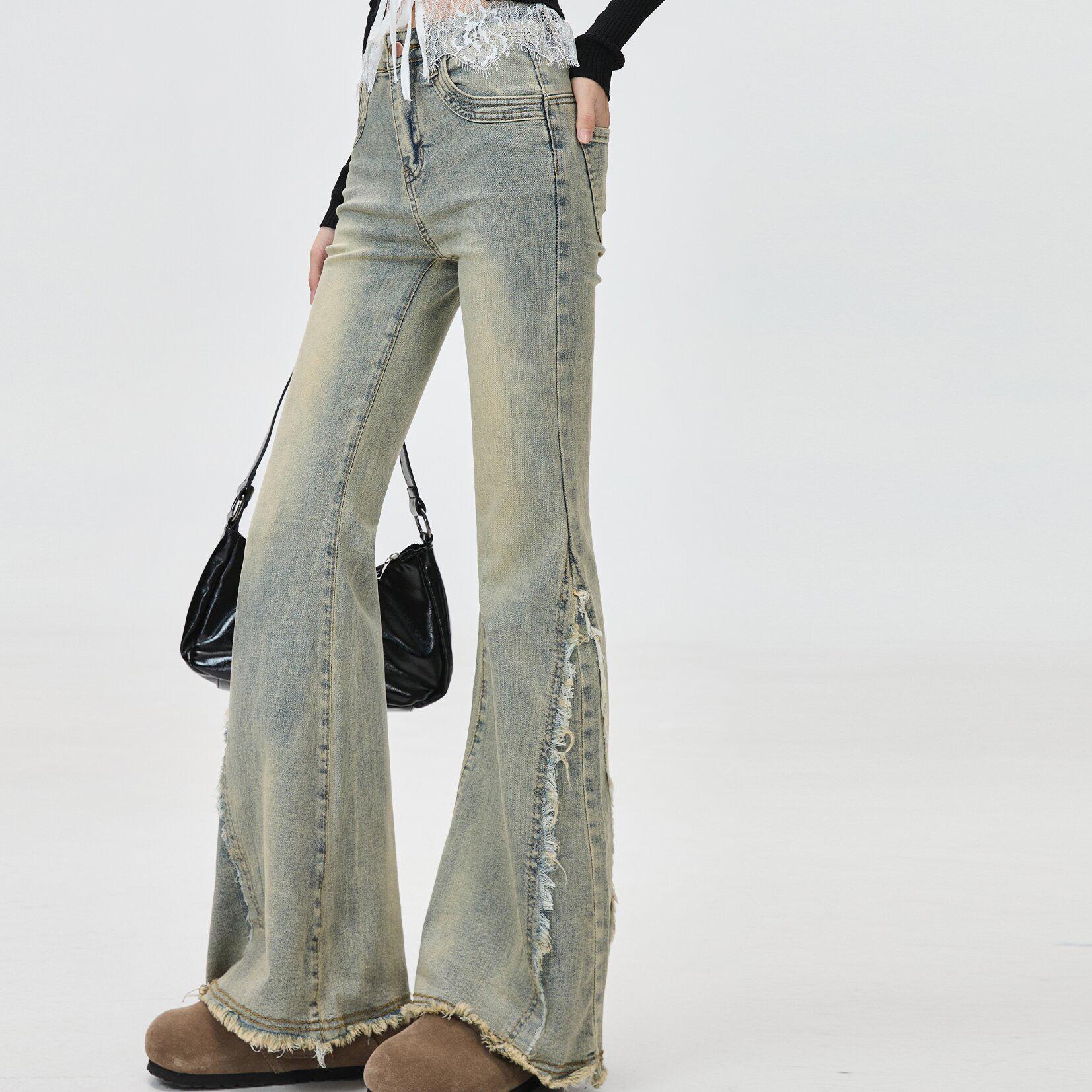 

Spicy Girl Retro High-Waisted Flare Jeans for Women - Frayed Hem, Spliced Design, Slim Fit, Elongating Effect Extra Large