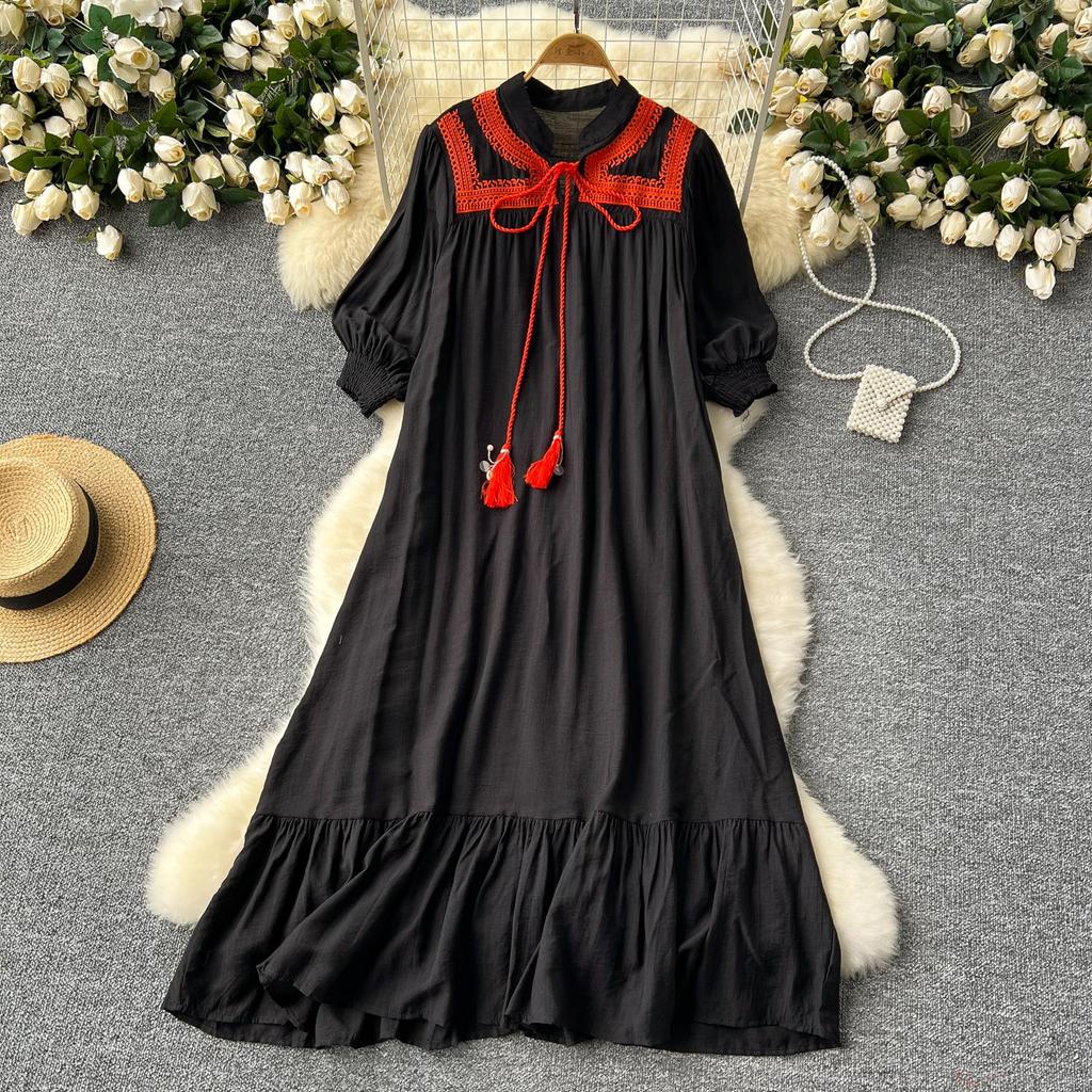 Elegant Retro Lace Up Summer Dress for Women A Line Ruffle Lantern Sleeve Loose Vacation Sweet O Neck Dresses