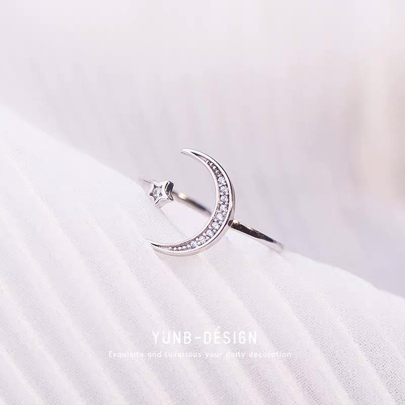 Beixi s925 Sterling Silver Star & Moon Open Ring for Women - Chic & Elegant Design for Daily Wear