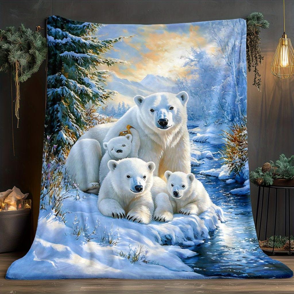 Snowy Forest Polar Bear Print Flannel Blanket Soft Lightweight for Sofa Camping Travel Office Use