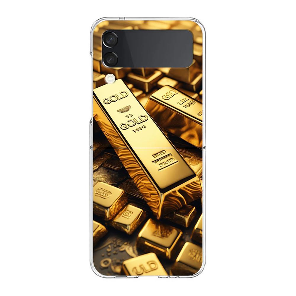 Phone Case For Samsung Galaxy Z Flip 7 6 5 4 3 Clear Hard Folding Cover For Samsung Z Flip6 Flip5 Flip4 Gold Money Pattern