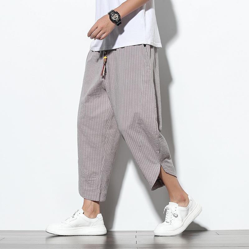 Summer Casual Men's Pants Harajuku Striped Baggy Pants Cotton Linen Wide Leg Harem Trousers for Men