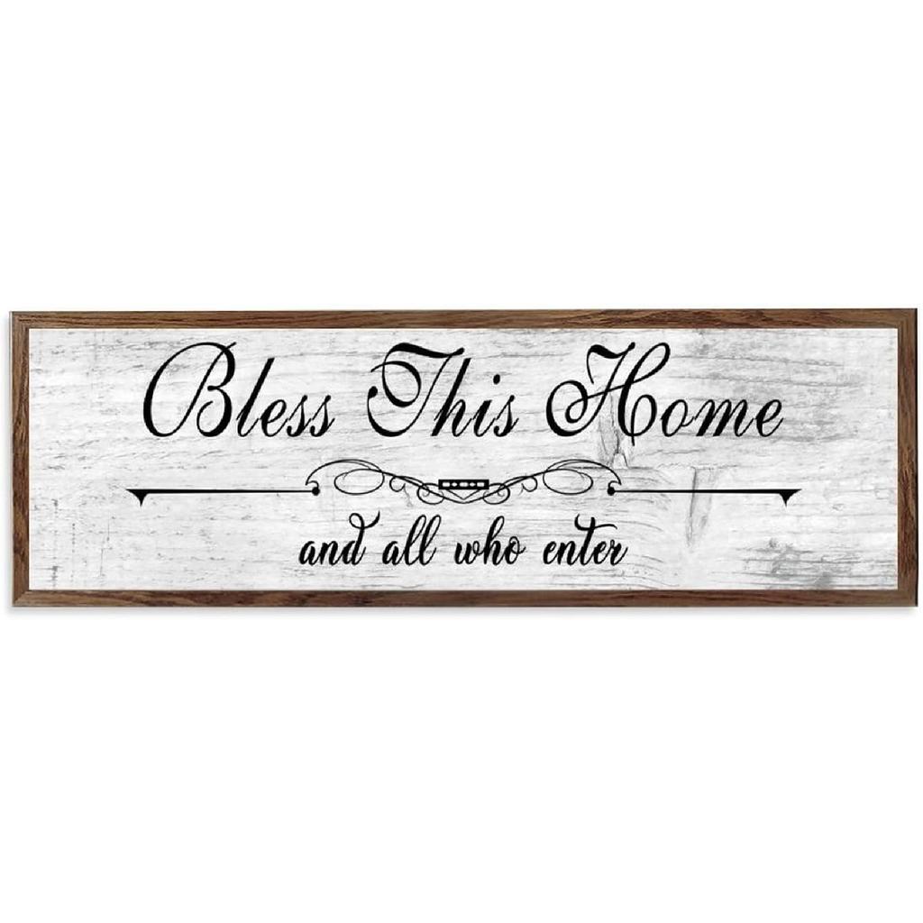 Bless This Home and All Who Enter Wood Frame Sign Rusitc Wood Hanging Plaque Farmhouse Wooden Signs for Home Decor 6x20In, 15x50cm