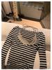 Autumn Flare Sleeve Striped Two-Piece Set - Women's Korean Style Sweet & Spicy Slimming Dress