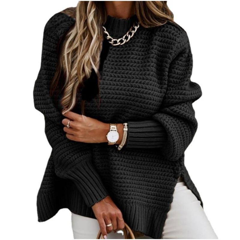 Autumn Half-high Collar Loose Solid Color Long-sleeved Side Slit Knitted Sweater Women