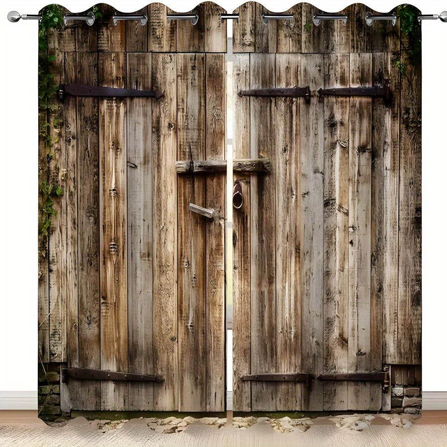 2pcs Light Colour Wooden Door Printed Curtain For Home Decor Rod Pocket Window Treatment For Bedroom,Office,Kitchen,Living Room