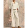 Women Linen 2 Piece Outfit Zip Front Puff Sleeve Blouse Drawstring Wide Leg Pants Casual Summer Matching Set