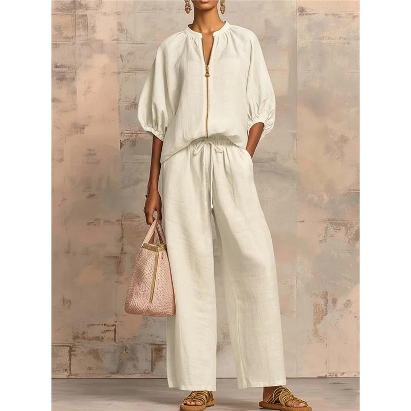 Women Linen 2 Piece Outfit Zip Front Puff Sleeve Blouse Drawstring Wide Leg Pants Casual Summer Matching Set