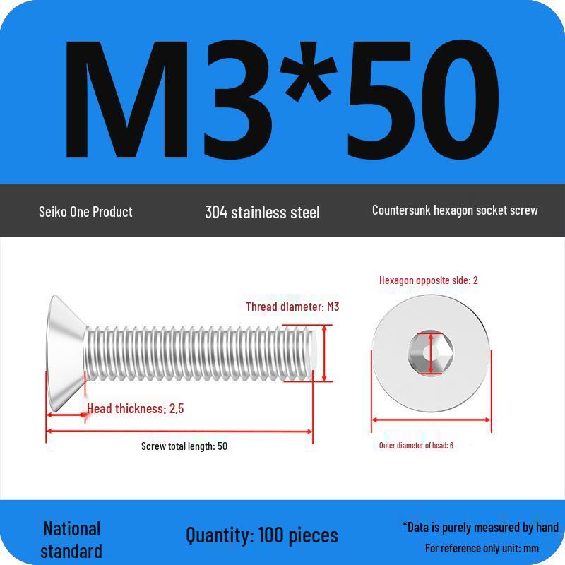 Complete Set of 304 Stainless Steel Countersunk Hex Socket Cap Screws, Flat Head Bolts, and Machine Screws (M2-M10)