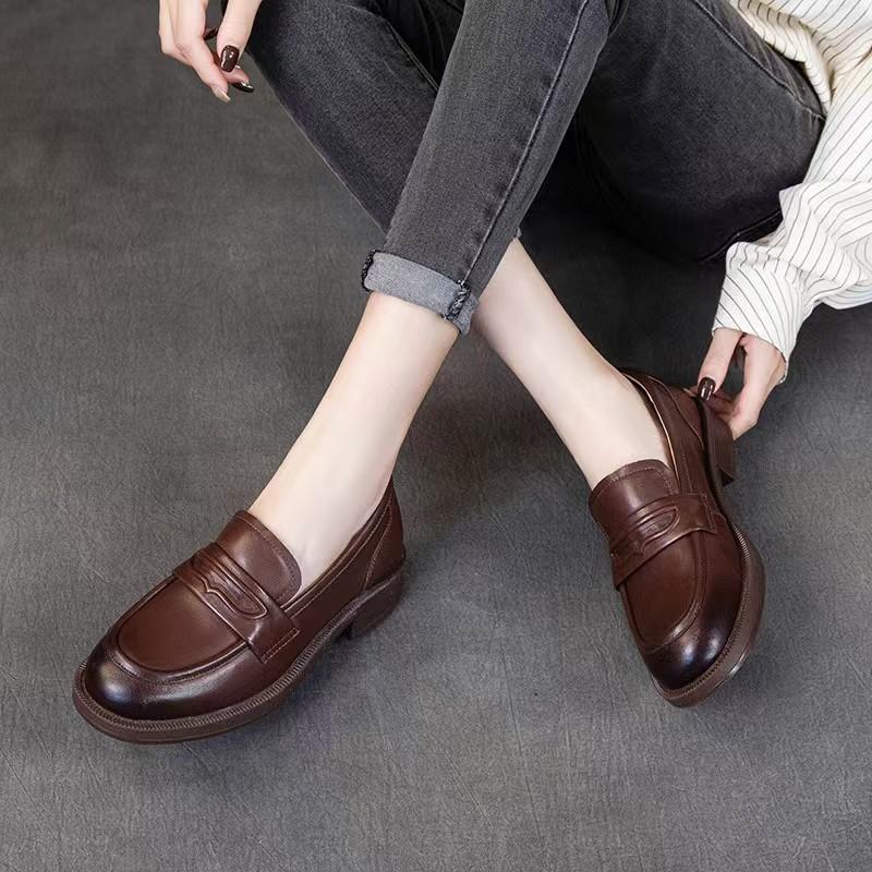 Leather retro one-pedal lazy shoes women's thick heel single shoes new small leather shoes flat bottom