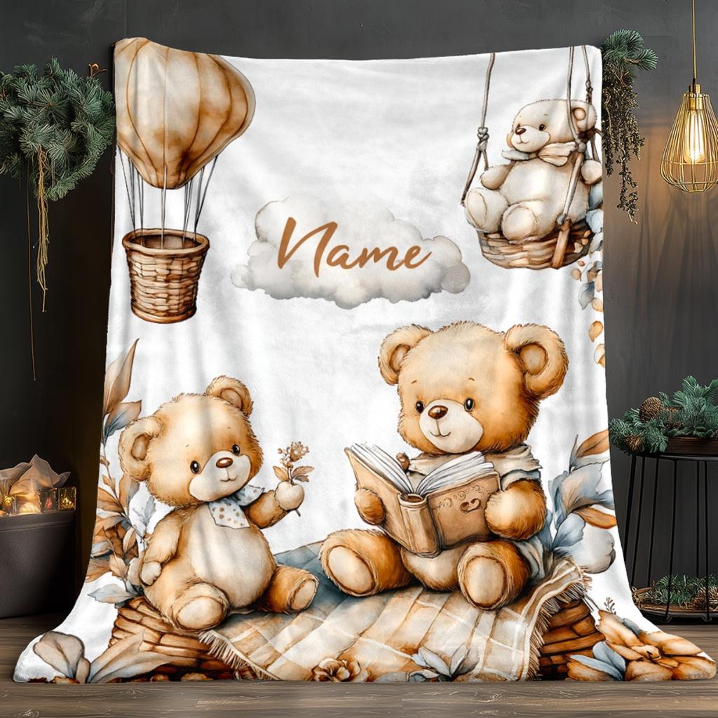 Custom Teddy Bear Blanket Hot Air Balloon Reading Book Design Personalized Name Fleece Throw All Season Soft Warm Bedding Home