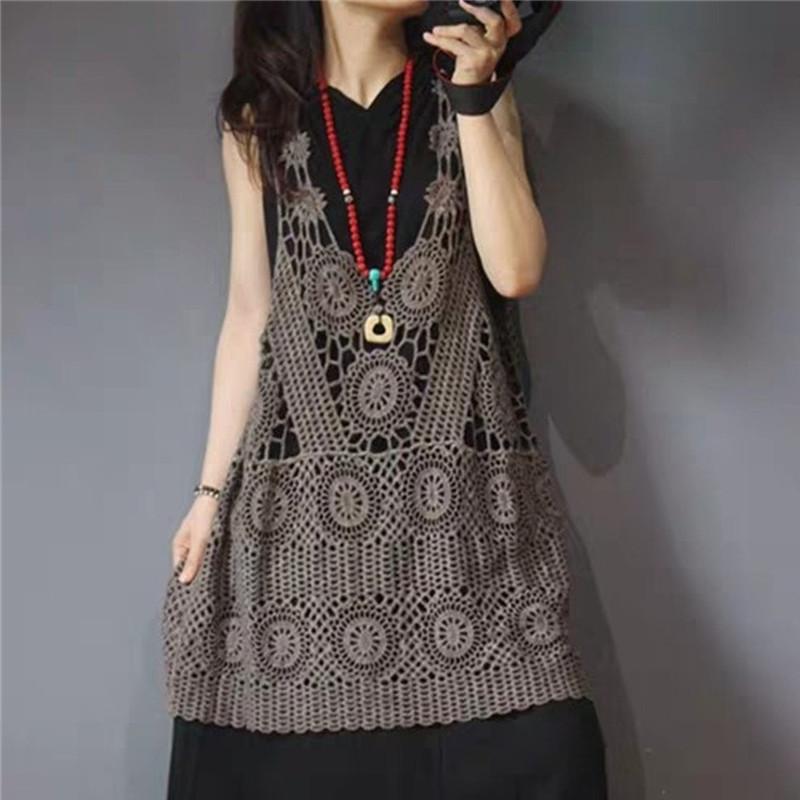 Women's Long Crochet Khaki Vest - Retro Loose Summer Waistcoat