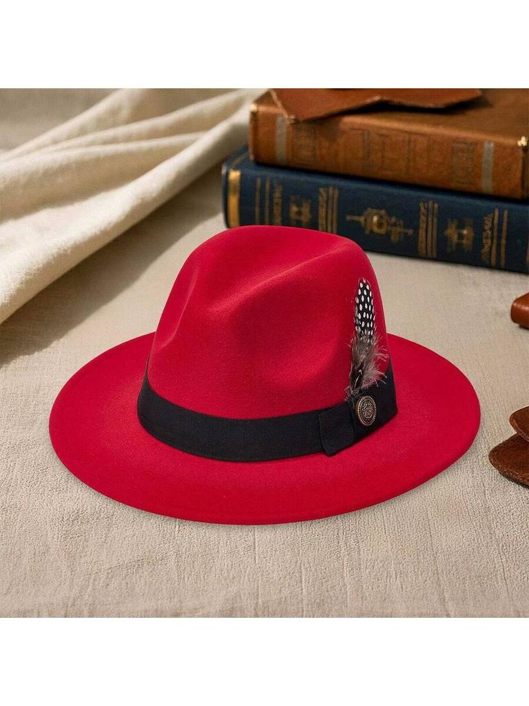 Elegant Wide Brim Fedora Hat With Feather And Belt For Party Festival