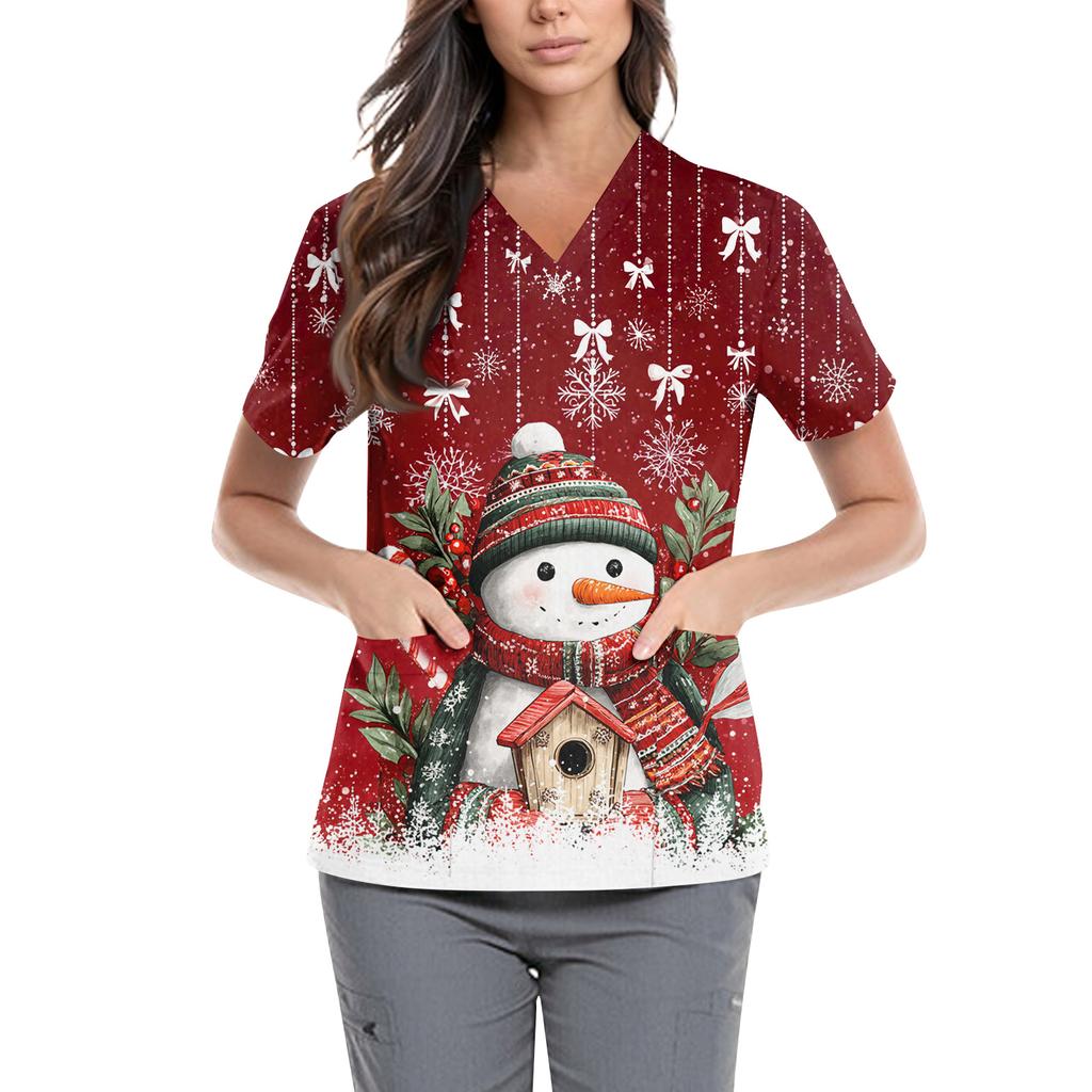 Dámské roztomilé tištěné pracovní oblečení s výstřihem do V, dvojité vrstvené kapsy Základní svetr s krátkým rukávem Valentines