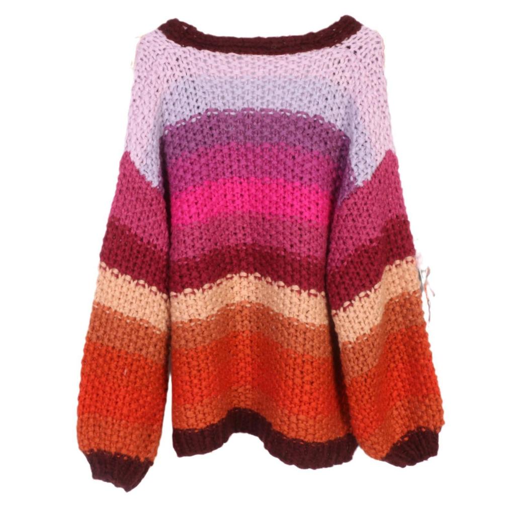 Women's V-Neck Striped Flower Crochet Cardigan - Long-Sleeve, Loose Fit, Perfect for Autumn & Winter.