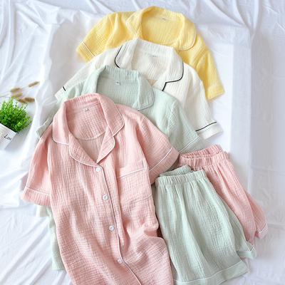 New Summer Ladies Cotton Double-layer Crepe Gauze Short-sleeved Shorts Pajamas Suit Large Size Home Service Women