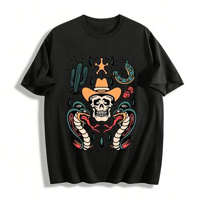 Western Cowboy Skull Snake Retro Print Casual T-Shirt Pure Cotton T-shirt