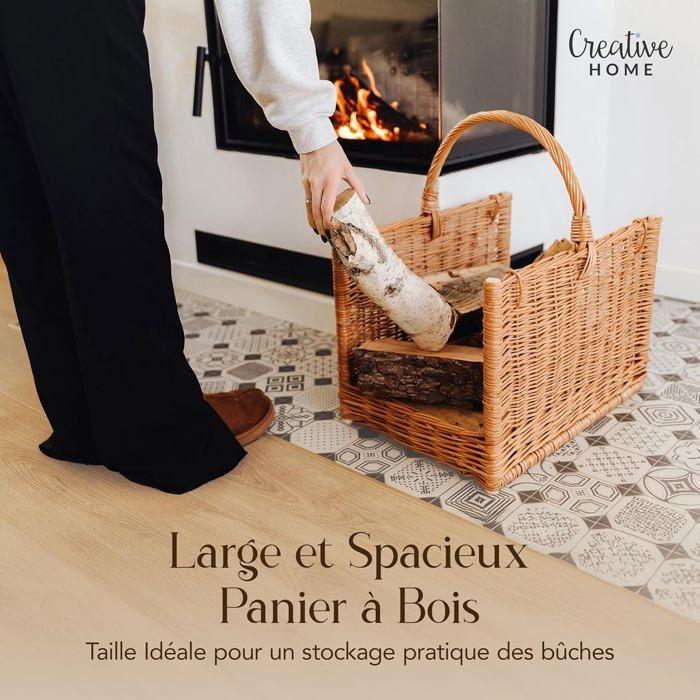 Panier à bûches - CREATIVE HOME - Cheminée - Osier 100% naturel - Poignées robustes - 45x30x47 cm