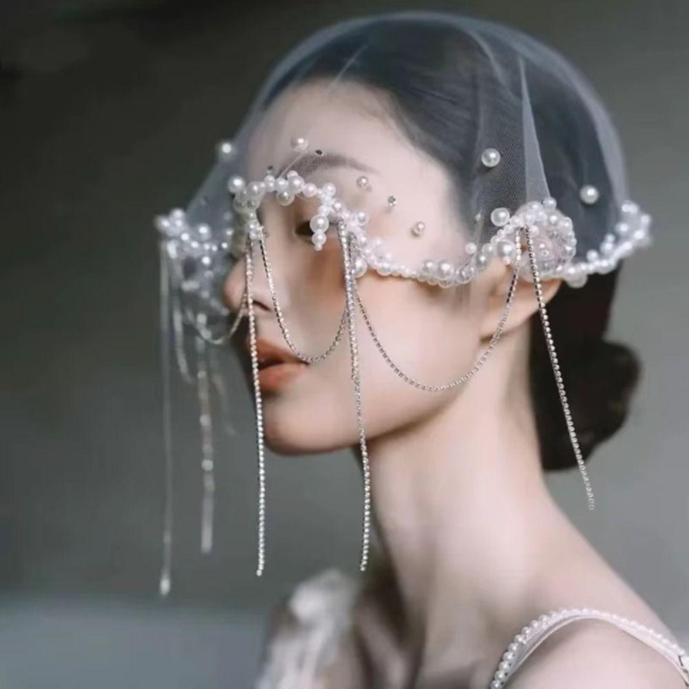 

Tassels Brides Veil Pearls Beads Bride Head Gauze French Wedding Veils Headpieces білий
