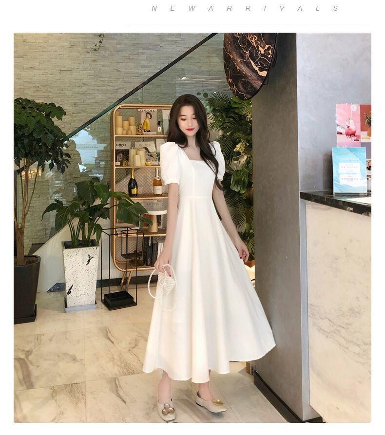 Hepburn Style Black Slimming Summer Dress for Women - Square Neck, Over-the-Knee