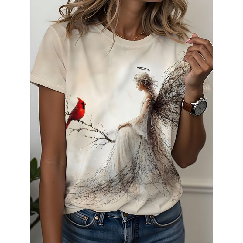 Womens Slim Fit Short Sleeve T-Shirt With 3D Cartoon Animal Print Digital Printing Casual Top
