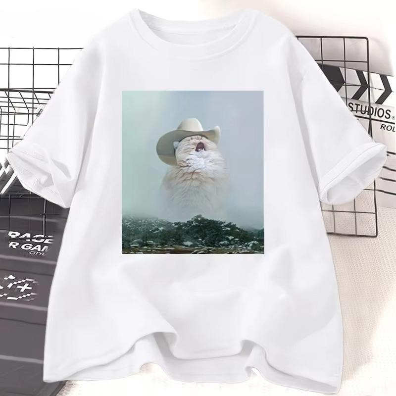 Cowboy Cat T-shirt Funny Crazy Cat Printed Tshirt Women Men Cotton Short Sleeve T Shirt Autumn Unisex Clothing Graphic Tees