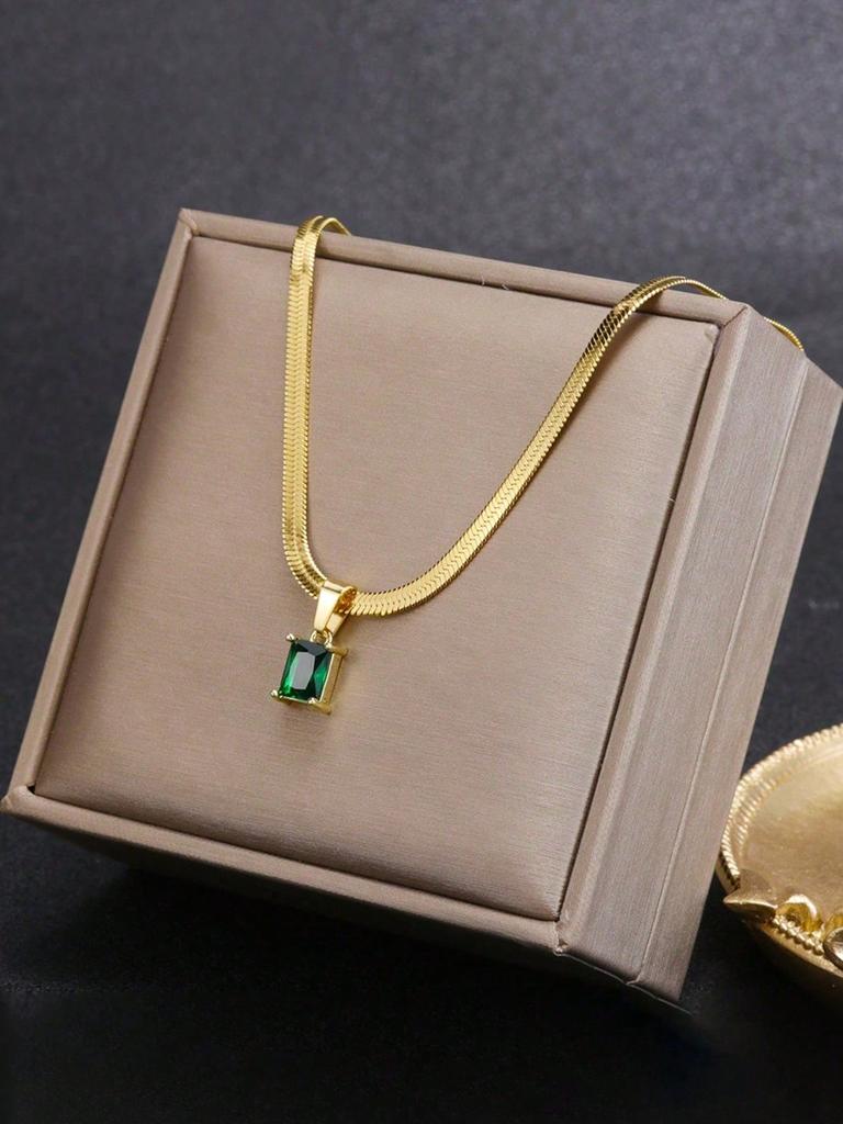 1pc Minimalist Square Cubic Zirconia Pendant Stainless Steel Blade Chain Necklace For Women, Suitable For Daily Wear And Gift
