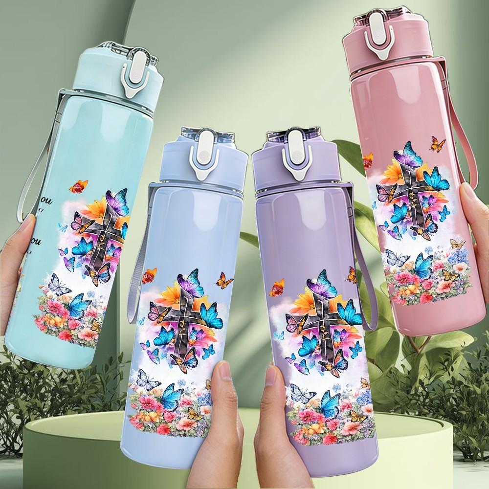 1PC Vintage Gift Bottle Floral Collage Print 750ml Color Plastic Sports Water Bottle Leakproof Flip Straw Lid Suitable for Sports Office Home Use