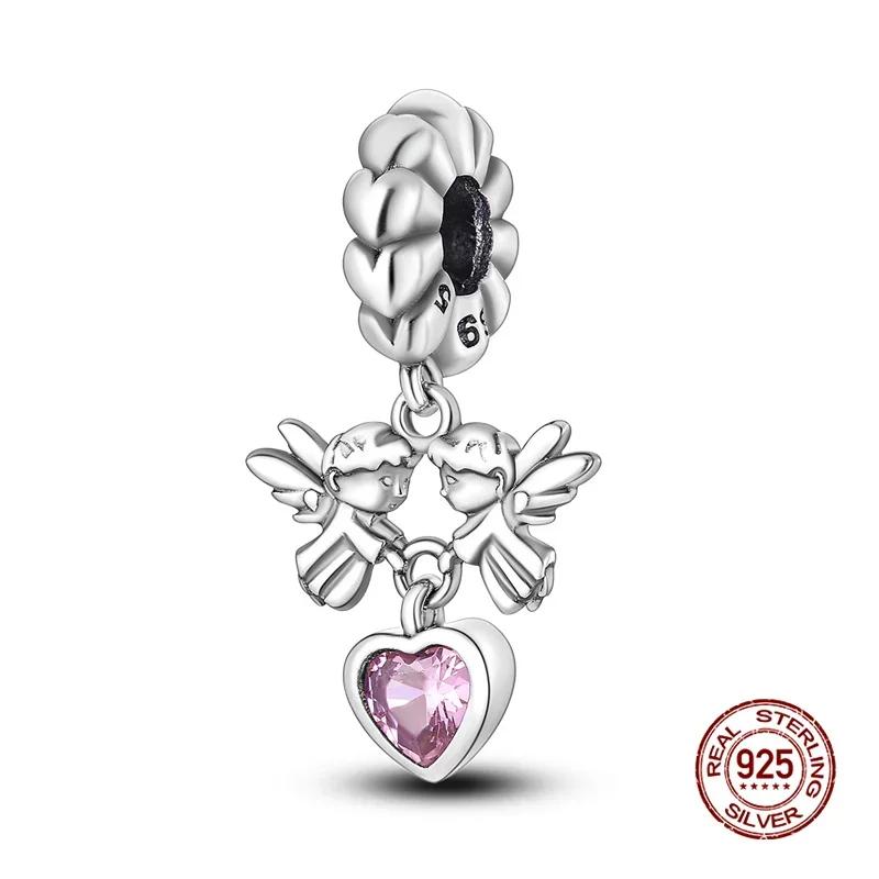 925 Silver Pink Bow Girl Heart Pendant Charms Fits 3mm 925 Original Bracelet Necklace Womens Fine DIY Jewelry Gifts 2025 New in