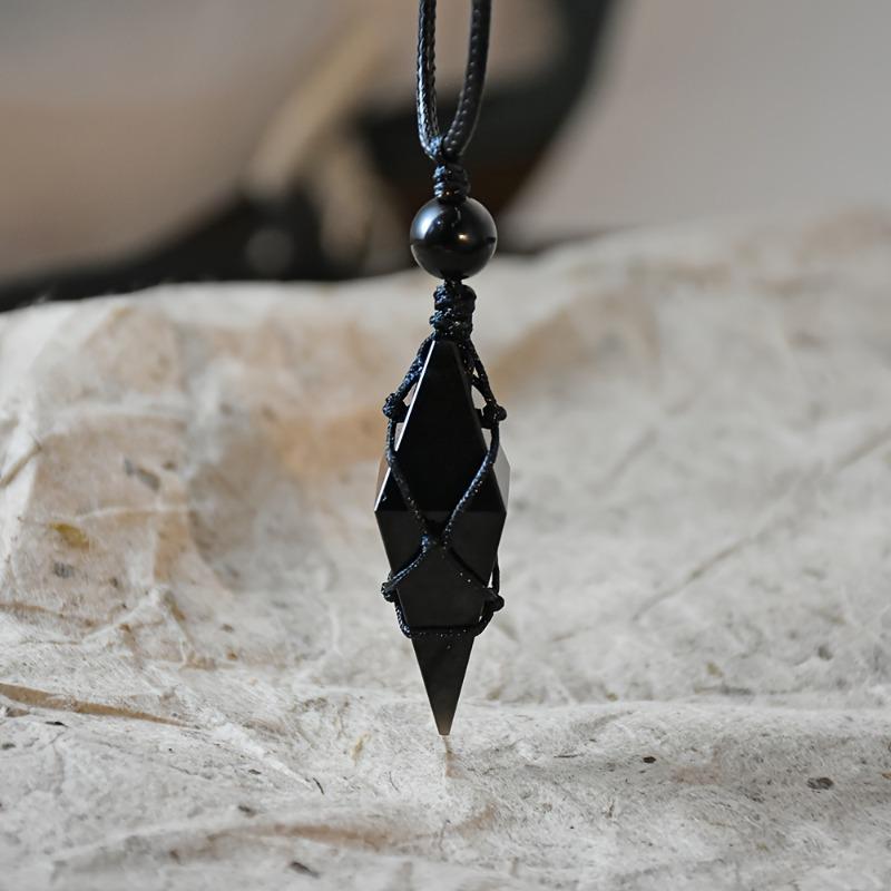 Unisex Natural Obsidian Rhombus Pendant Necklace – Woven Rope Crystal Jewelry, Personalized Fashion Couple Gift.