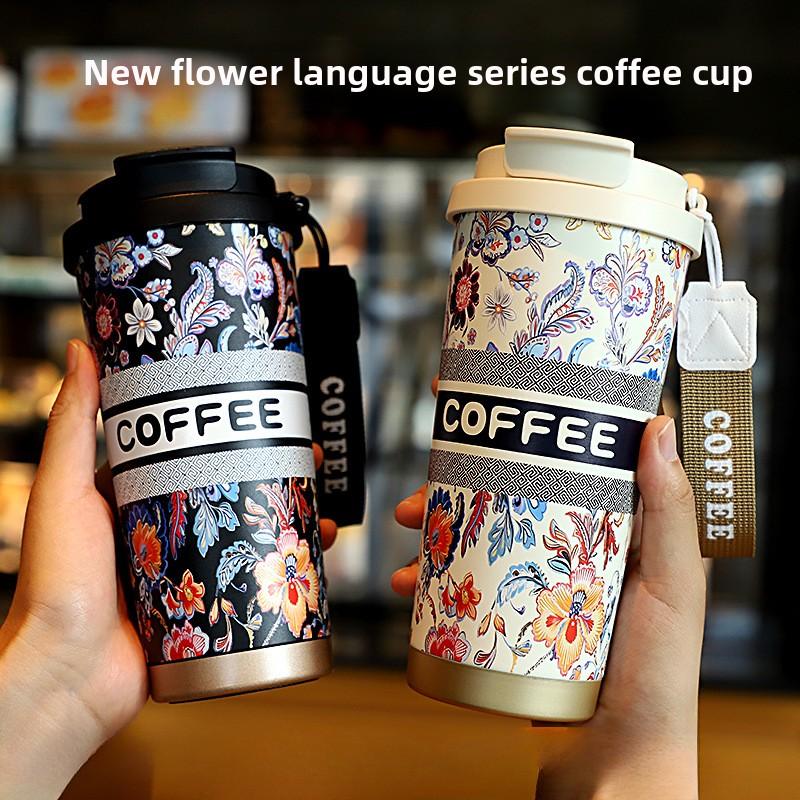 500ML Double Drink Straw Cup Fashion Lily of The Valley Portable Coffee Cup Stainless Steel Vacuum Thermos Cup Gift Water Bottle