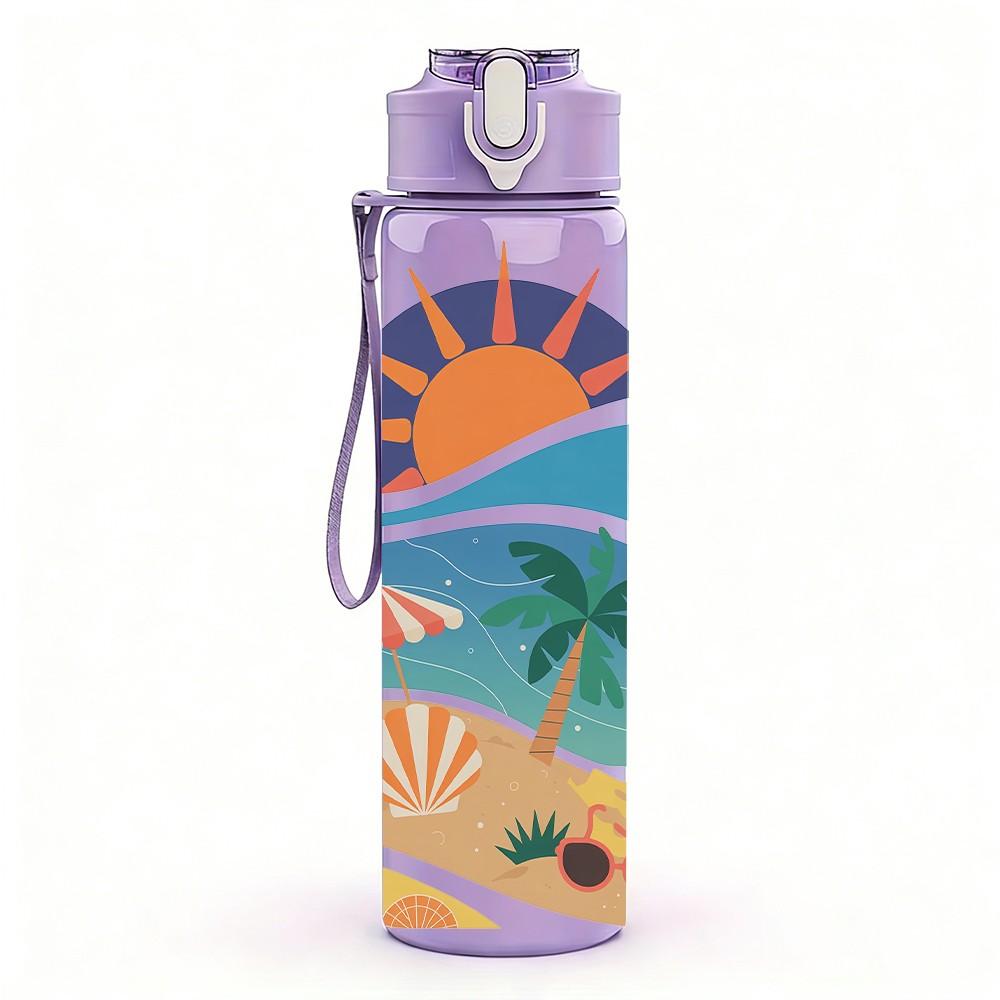 1PC Surfboard Sunset Tropical Beach Retro Print 750ml Color Plastic Sports Water Bottle Leakproof Flip Straw Lid Suitable for Sports Office Home Use