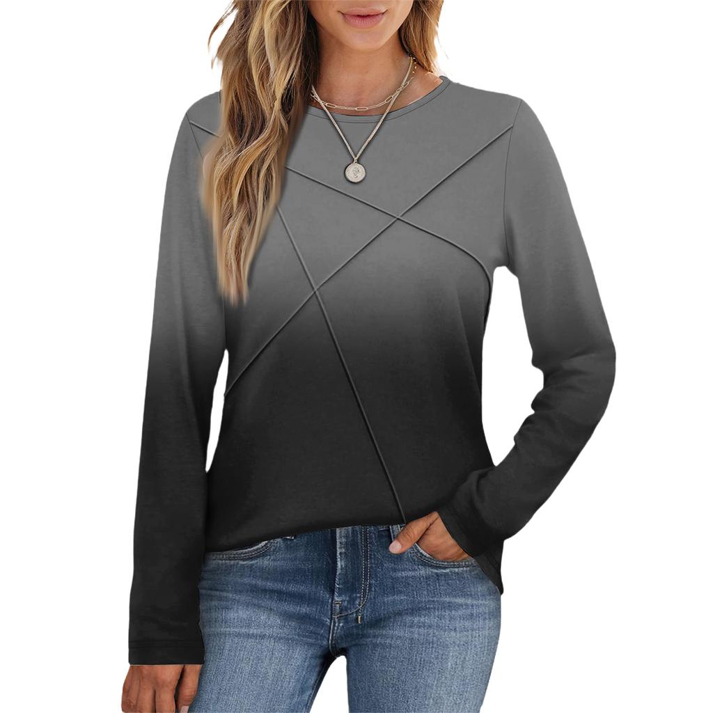 Fashionable Women's Long-sleeved Gradient Round Neck Casual Pleated Loose Top