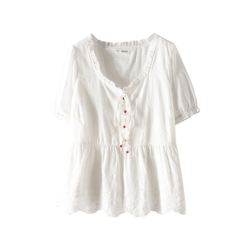 Plus Size Women Clothing [Popular Beautiful Shirt This Year] Chubby Girl Summer Lace Embroidered Hollow Slimming Short Sleeve Shirts