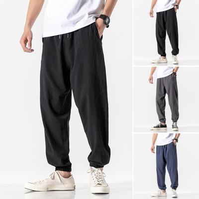 Men Ninth Pants Retro Thin Side Pockets Drawstring Elastic Waist Solid Color Gym Traning Jogging Sweatpants