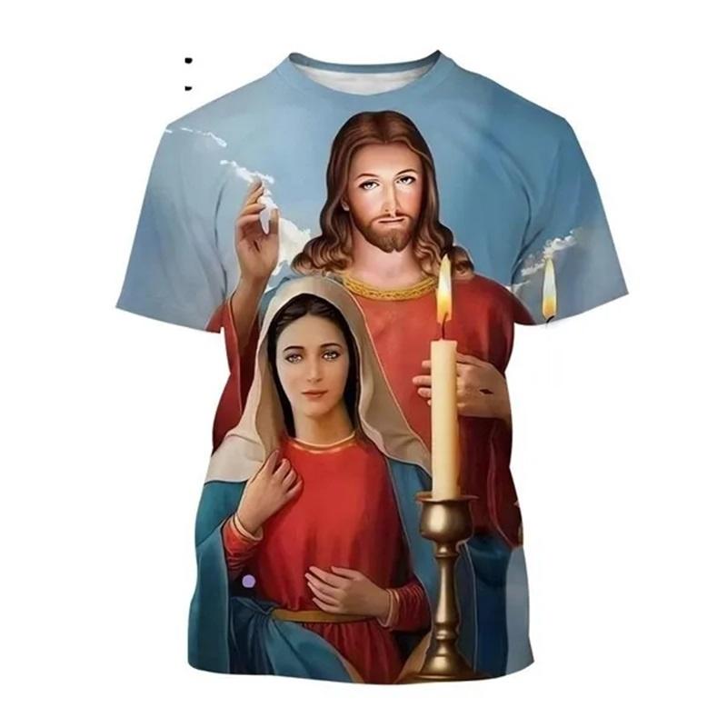 Christian Mother Of God Virgin Mary Jesus Loves Casual Tee Tops Short Sleeve Women's Men Adult and Children's Clothing Tshirt