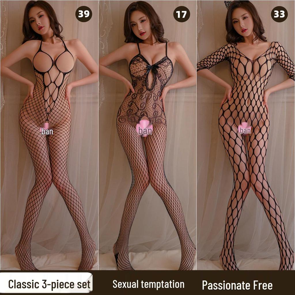 Black Open-Crotch Fishnet Bodysuit & Silk Robe Set