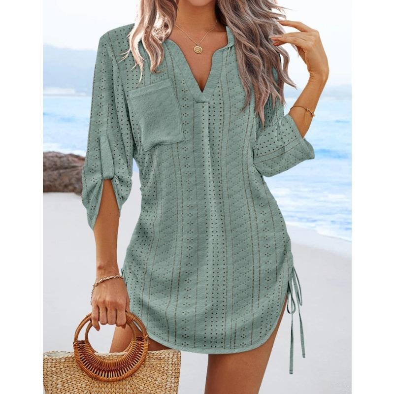 

JKASHDK Женская мода Лето Весна Однотонный принт Короткий рукав V-образный вырез Свободная талия Повседневные платья XXL зелёный