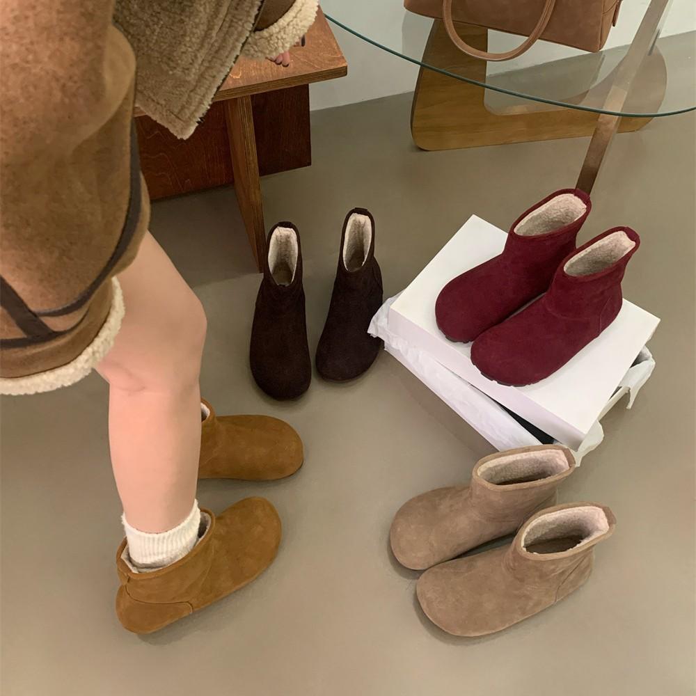 

2025 autumn and winter new round head velvet lamb wool low tube thin Martin snow shoes warm women s short boots 36 бордовый