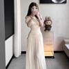 Royal Sister Daughter Gold Wind White Slanted Shoulder Dress Women's Clothing Spring and Summer New Sexy Waist Beautiful Long Dress Skirt