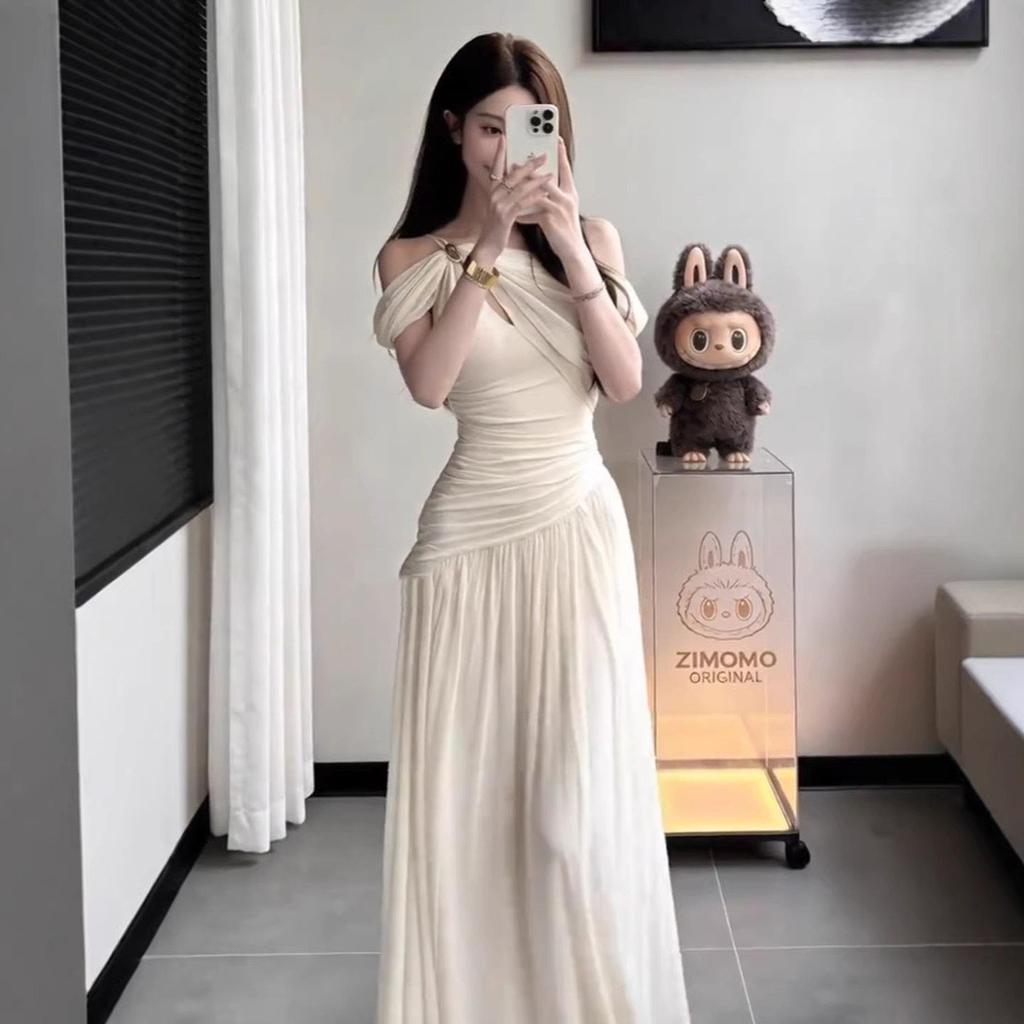 Royal Sister Daughter Gold Wind White Slanted Shoulder Dress Women's Clothing Spring and Summer New Sexy Waist Beautiful Long Dress Skirt