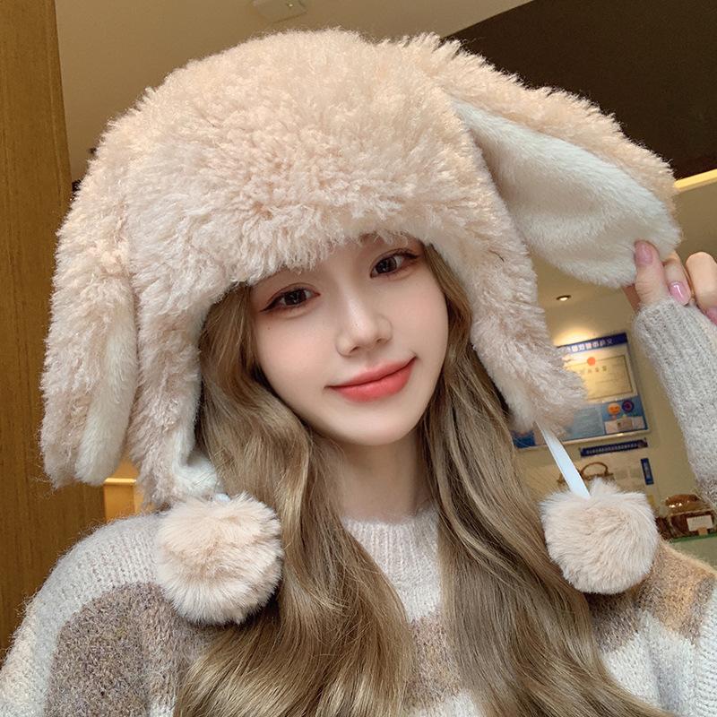 Winter Thickened White Plush Cartoon Rabbit Ears Female Age Reduction Sweet and Cute Ear Protection Warm Pullover Cap