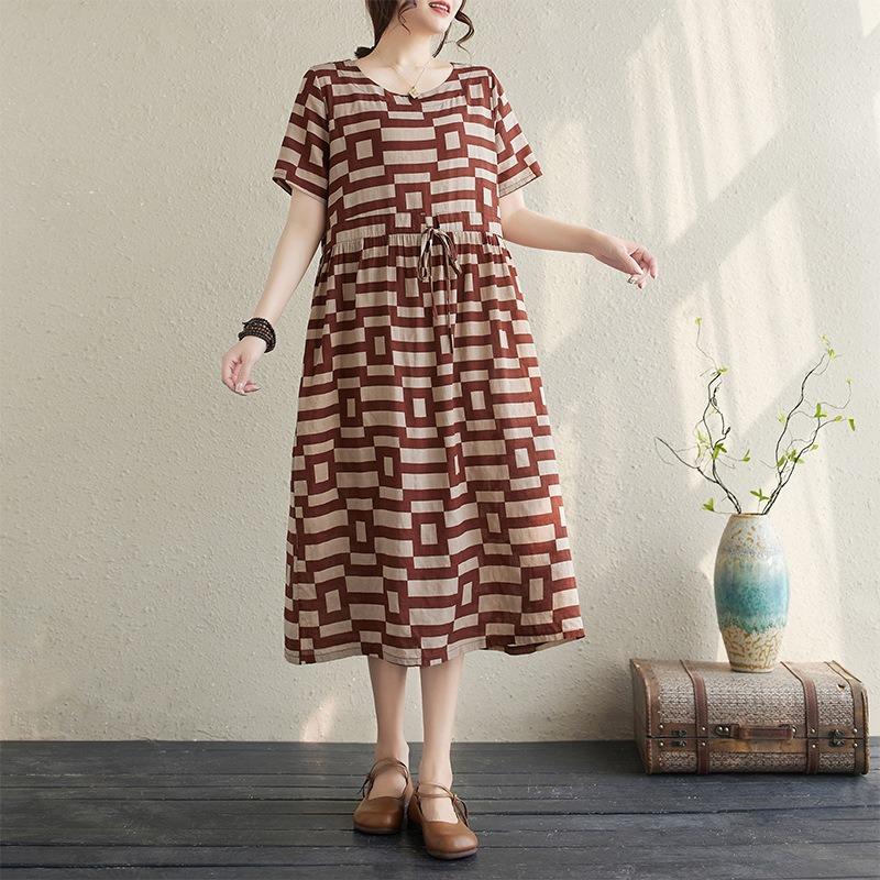 Real Shot Summer New Cotton and Linen Literary and Retro Ethnic Style Waist Thin Short-sleeved Dress Women